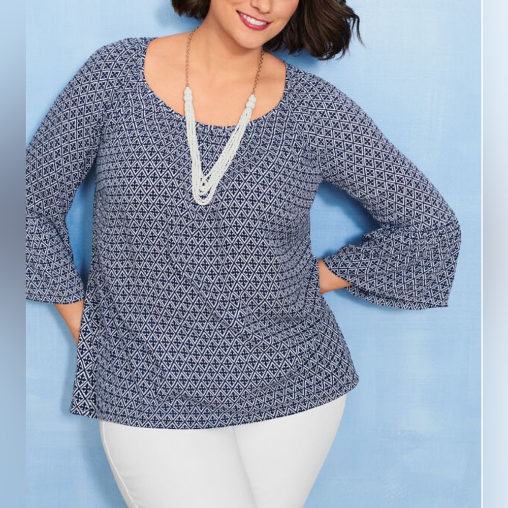 Talbots Woman Size X Navy & White Crinkle Gauze Boho Peasant Top w/ Bell Sleeves